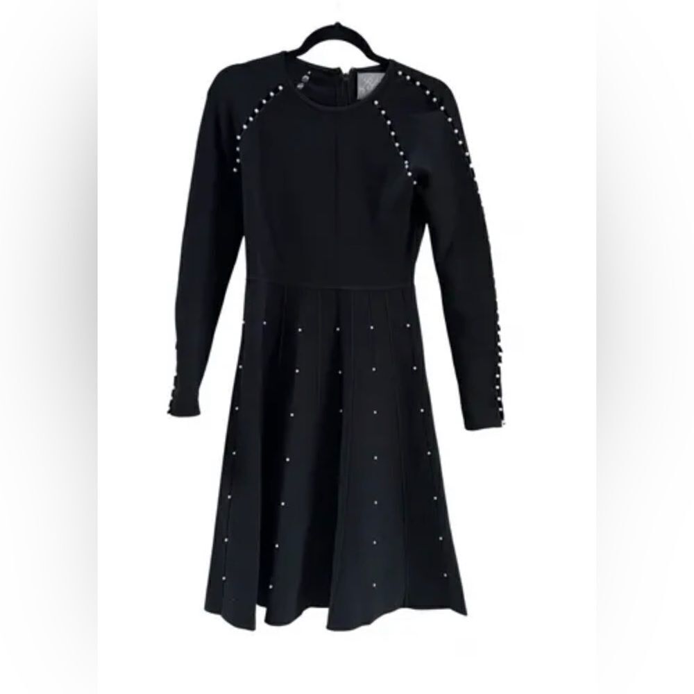 Lela Rose black with pearls detail fit flare knit dress